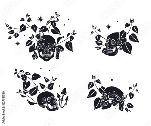 Hand drawn sketchy human skulls surrounded by nettle leaves and muchrooms silhouettes set isolated on white background. Doodle skeleton head tattoo design