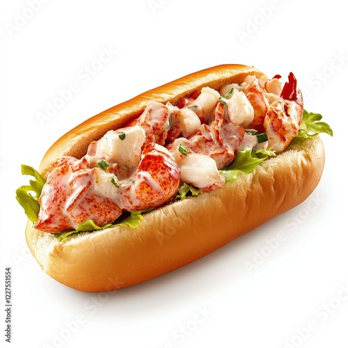 A gourmet lobster roll with buttered brioche bun, isolated white background, realism art style