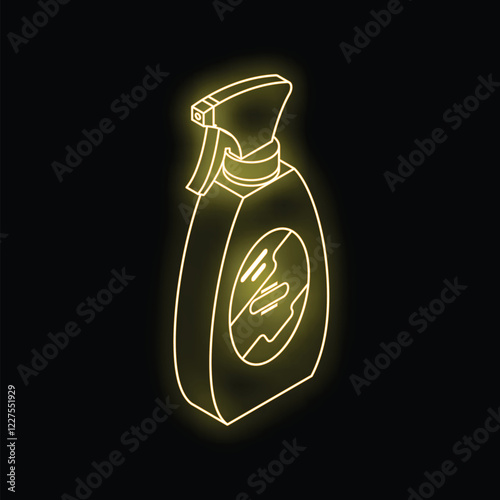 Glowing neon icon of a spray bottle, potentially containing cleaning product, on a black background