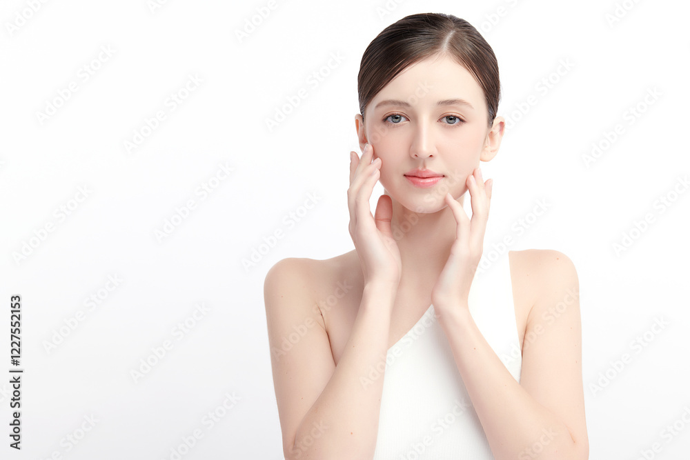 Beautiful young woman with clean fresh skin on white background, Face care, Facial treatment, Cosmetology, beauty and spa, women portrait. Beautiful young woman with clean fresh skin on white background, Face care, Facial treatment, Cosmetology, beauty and spa, women portrait.