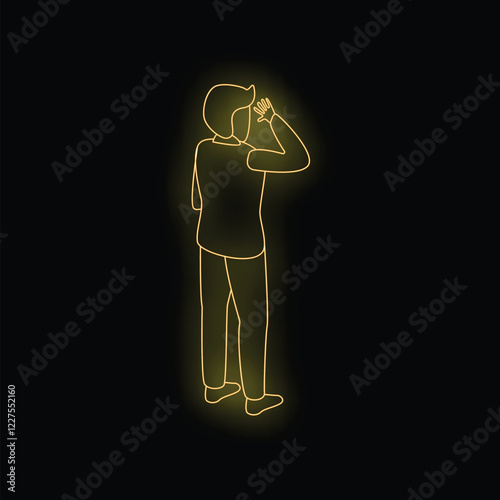 Neon style illustration of a businessman shielding his eyes from the sun as he looks into the distance