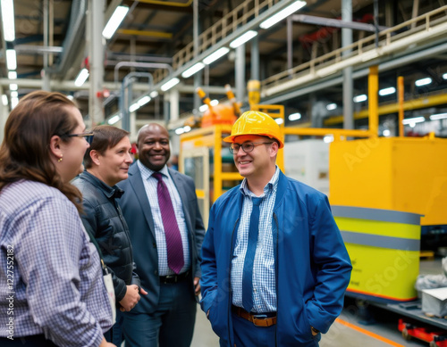 Gerente de una fábrica de la industria recorriendo las instalaciones con los invitados
