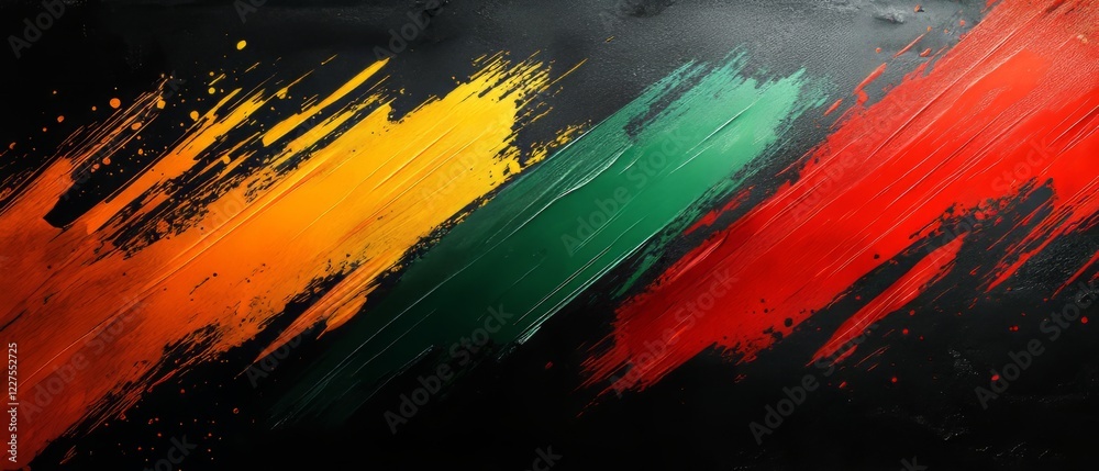 Abstract Painting With Bold, Diagonal Brushstrokes Of Orange, Green, And Red Against A Black Background. Energetic And Vibrant. Abstract Painting With Bold, Diagonal Brushstrokes Of Orange, Green, And Red Against A Black Background. Energetic And Vibrant.