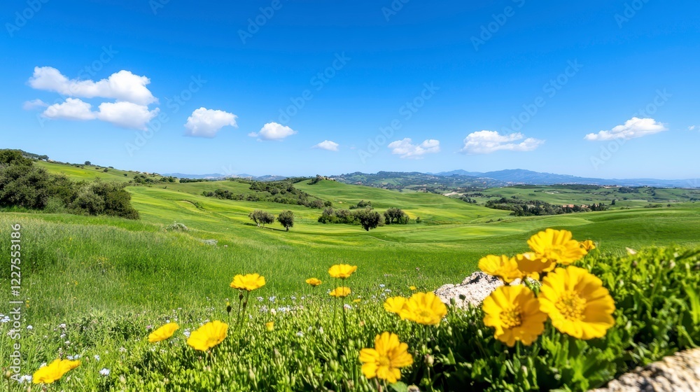 Fototapeta premium Vibrant Yellow Flowers in Lush Green Rolling Hills Under Blue Sky