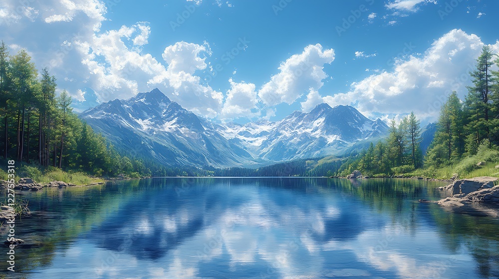 Alpine Lake Serenity: Crystal-clear alpine lake reflects majestic snow-capped mountains under a vibrant blue sky, dotted with fluffy white clouds. Alpine Lake Serenity: Crystal-clear alpine lake reflects majestic snow-capped mountains under a vibrant blue sky, dotted with fluffy white clouds.