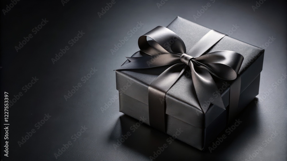 Fototapeta premium Black gift box with elegant black ribbon on dark background for Black Friday promotion, festive atmosphere, luxury