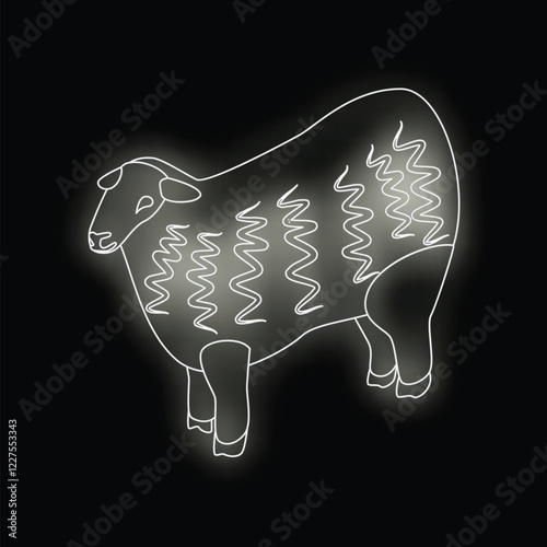 White sheep standing on a black background, minimalist design, ideal for projects related to animals, farms, and nature