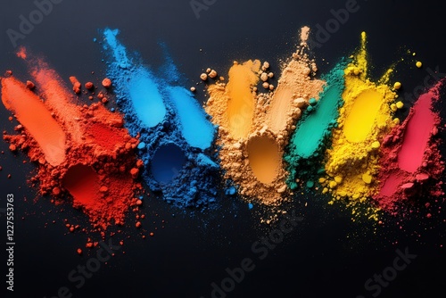 This striking image showcases a variety of vibrant colored powders artistically arranged, representing creativity, energy, and the beauty of artistic expression.