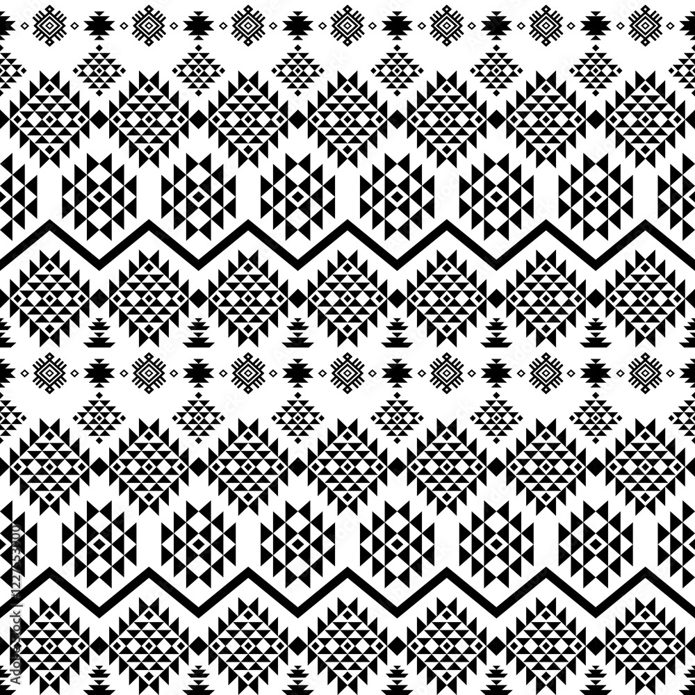 Fototapeta premium Southwest Aztec geometric Native American Mexican Navajo tribal ethnic boho indian texture ornament seamless pattern fabric black and white design vector for woven textile printing blanket rug carpet