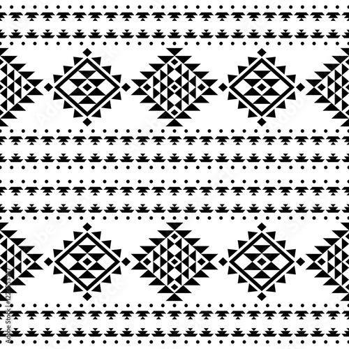 Southwest Aztec geometric Native American Mexican Navajo tribal ethnic boho indian texture ornament seamless pattern fabric black and white design vector for woven textile printing blanket rug carpet 