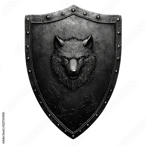 Dark medieval shield with a fierce silver wolf emblem, featuring battle scars and a rugged design, isolated on a transparent background. Perfect for fantasy and warrior themes. photo