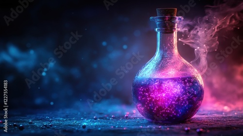 Mysterious Potion Bottle with Colorful Smoke and Glitter in a Dark Enchanted Environment