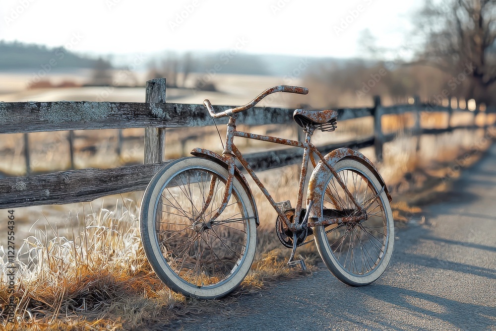 Fototapeta premium Vintage Rural Cyclist OldFashioned Bicycle Riding in Countryside