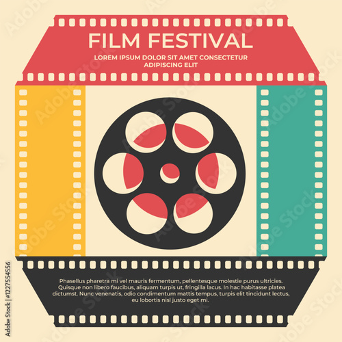 Vintage film festival poster design with a filmstrip square colorful frame. Minimalist movie poster in retro style. Vector illustration