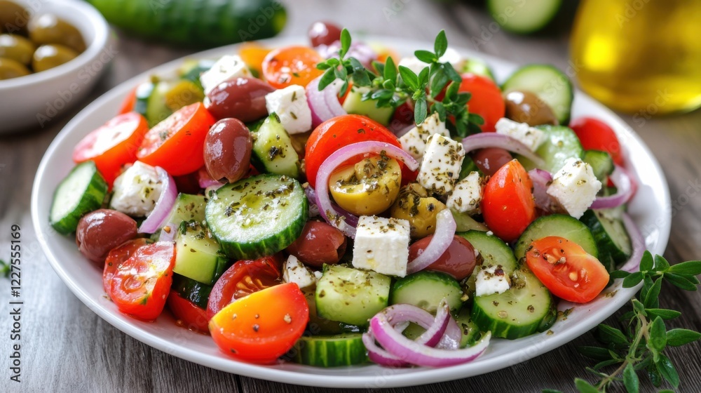 A fresh and crisp Greek salad with cucumbers, tomatoes, Kalamata olives