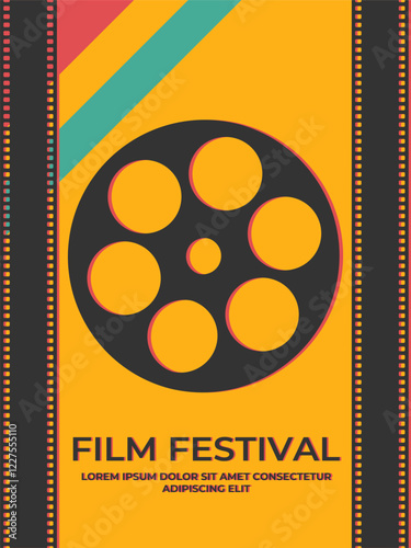 Vintage film festival poster design with a film reel silhouette and filmstrips. Minimalist movie poster in retro style. Vector illustration
