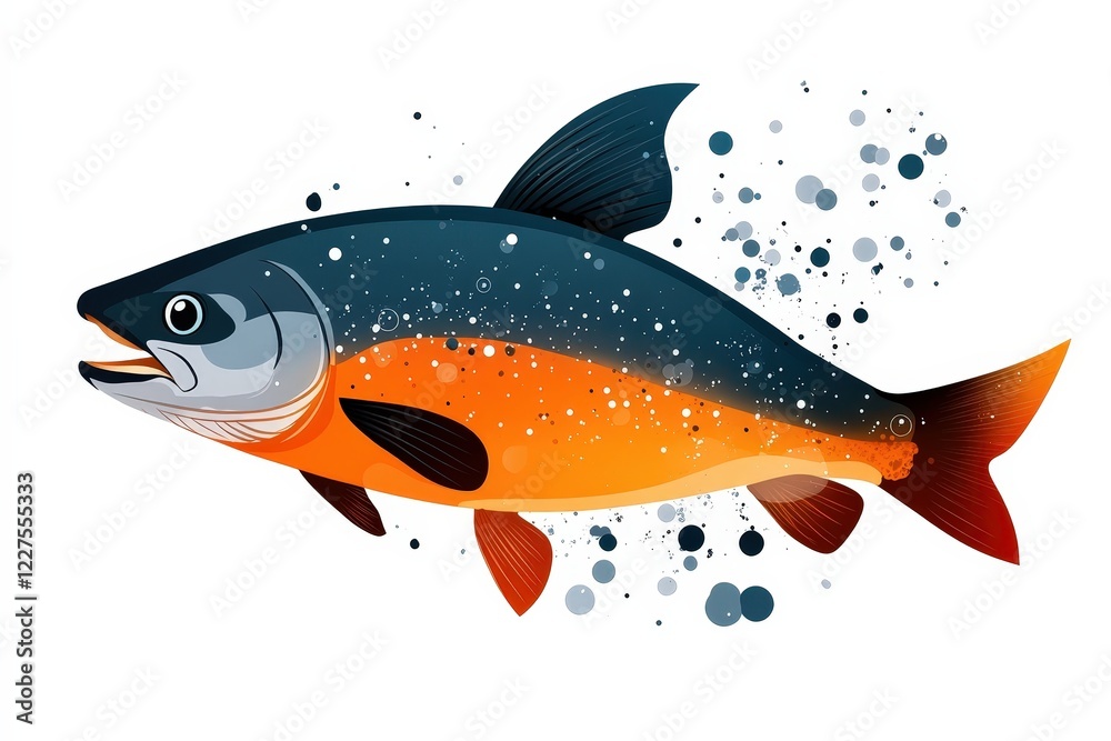 Naklejka premium This image showcases a stylish dark fish swimming through an abstract world of deep blue hues, accented by vibrant splashes, invoking a sense of depth and mystery.