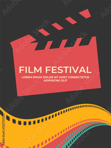 Film festival poster design with clapperboard silhouette and colored filmstrips. Minimalist movie poster in retro style. Vector illustration
