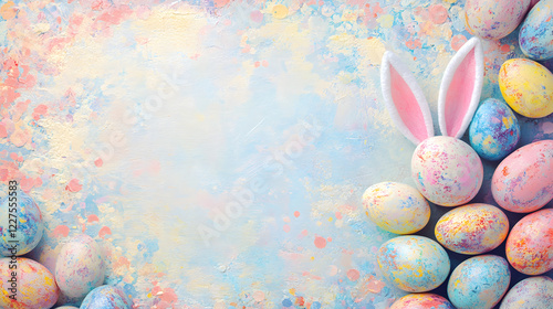 un fondo colorido efecto pintado en acuarela con huevos de pascua decorados coloridos con unas orejas de conejo decorativas un marco de huevos de pascua con espacio de copia para tarjeta o plantilla photo