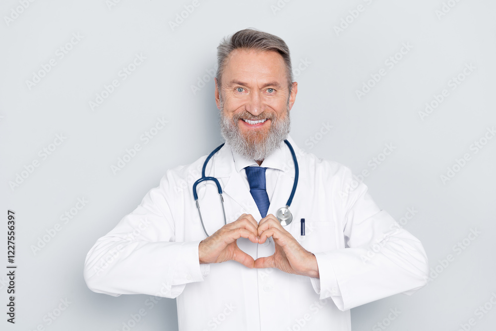 Smiling senior male doctor wearing a white coat in a healthcare setting Smiling senior male doctor wearing a white coat in a healthcare setting