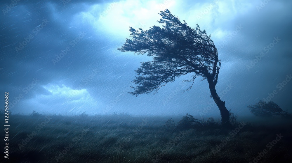 Obraz premium lonely tree that is exposed to strong wind and rain on a meadow 
