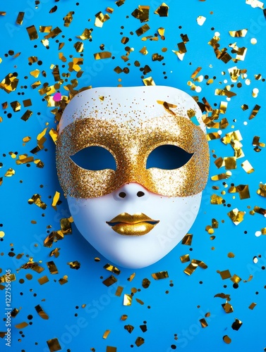 Gold Glitter Venetian Mask - White masquerade mask adorned with gold glitter against a vibrant blue background, scattered with golden confetti. Festive and elegant. photo