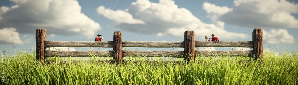 Fototapeta premium Rural fence, sunny day, green field, red figures