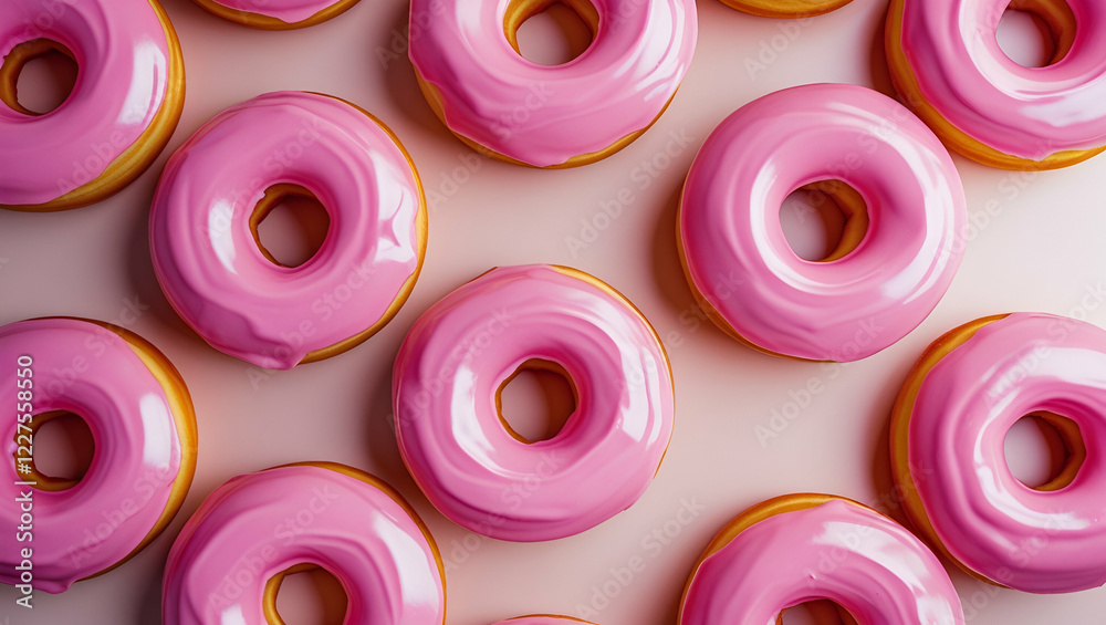 Vibrant Overhead View of a Dozen Bright Pink Donuts with Colorful Sprinkles Vibrant Overhead View of a Dozen Bright Pink Donuts with Colorful Sprinkles