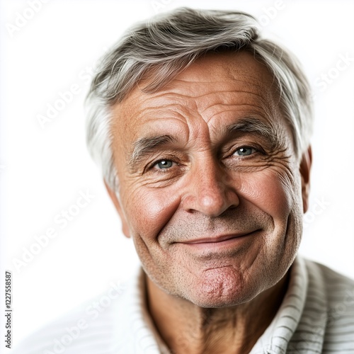 Elderly man with a warm smile, silver hair, expressive wrinkles, natural lighting, high-definition, isolated on white background png