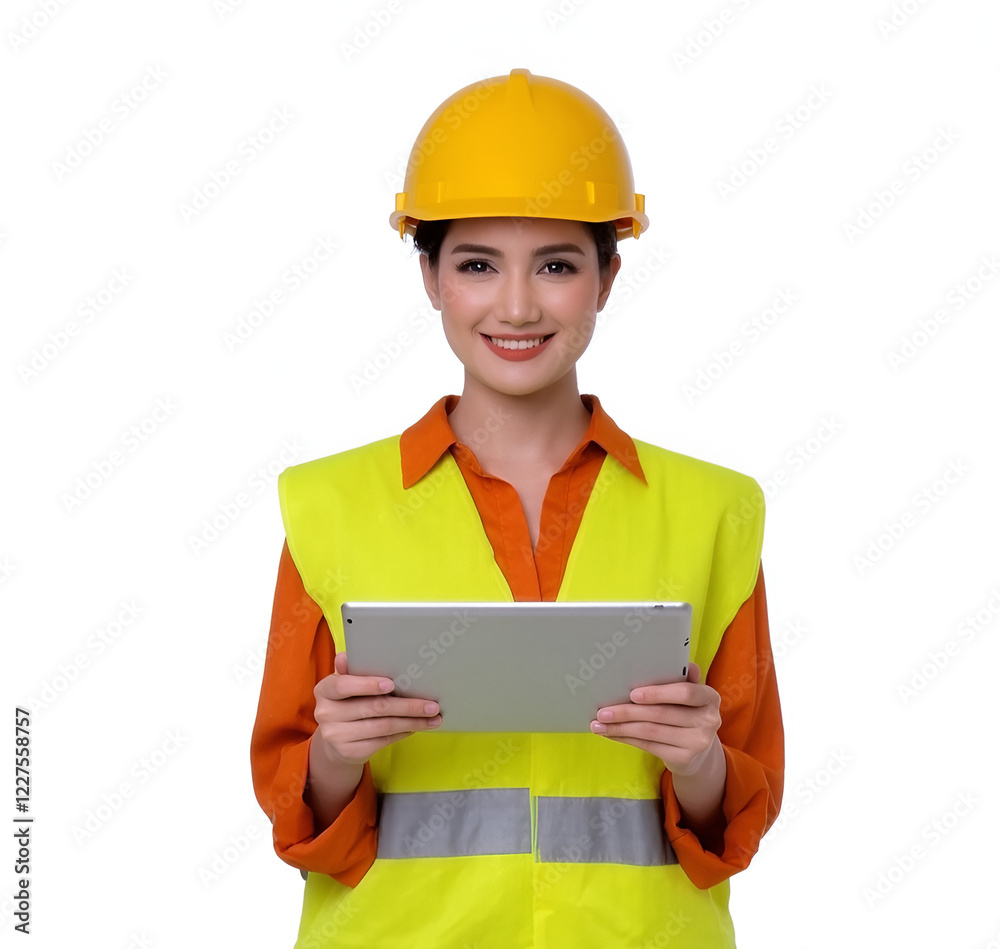 Construction worker, female, yellow hard hat, orange safety vest, brown shirt, holding clipboard, digital tablet, professional, smiling, confident, industrial setting, portrait, bright colors, safety Construction worker, female, yellow hard hat, orange safety vest, brown shirt, holding clipboard, digital tablet, professional, smiling, confident, industrial setting, portrait, bright colors, safety