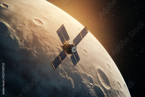 A spacecraft is captured in orbit around the Moon as the sun rises, illuminating the lunar surface with soft light.