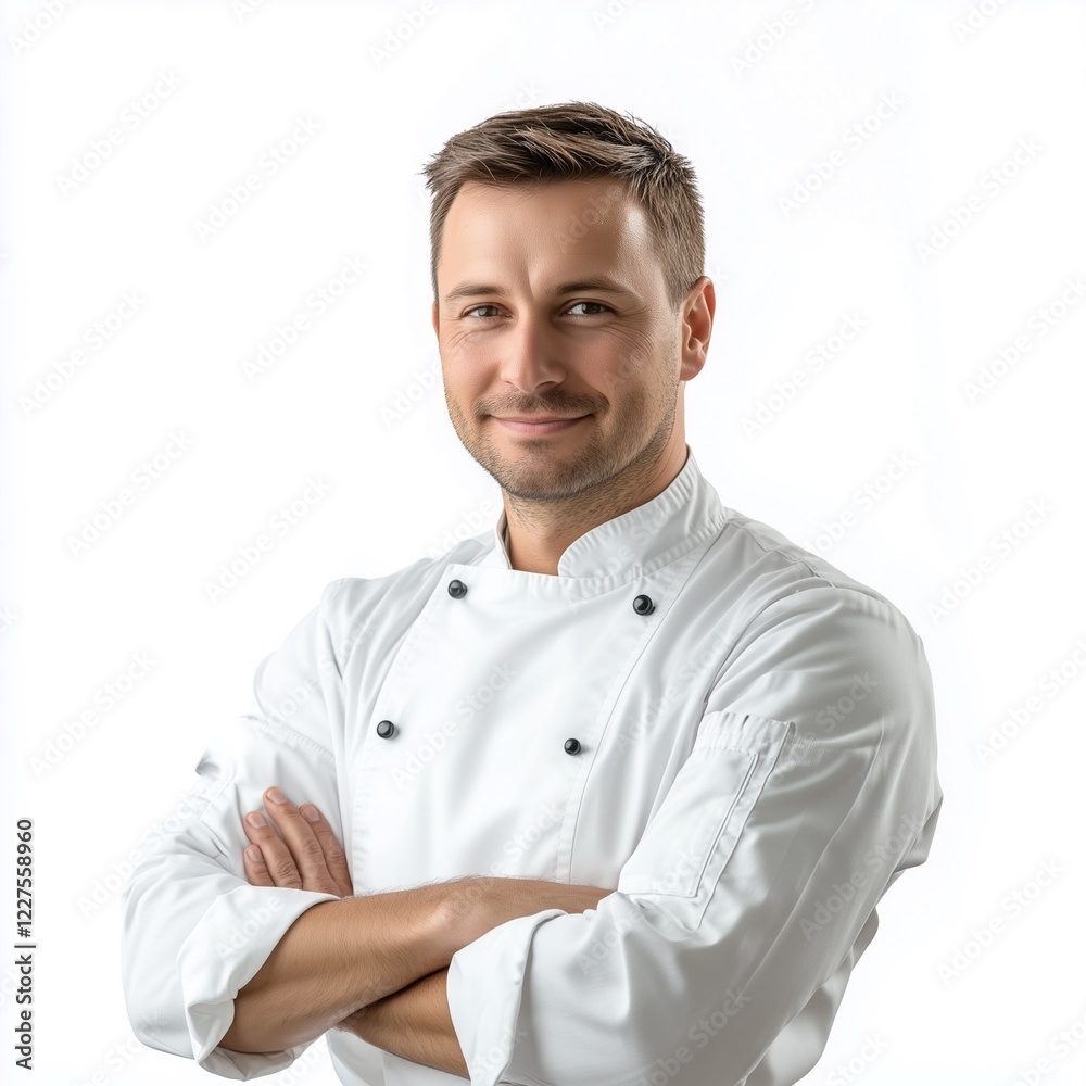 Professional chef in a white uniform, arms crossed, confident smile, clean and sharp image, isolated on white background, PNG Professional chef in a white uniform, arms crossed, confident smile, clean and sharp image, isolated on white background, PNG