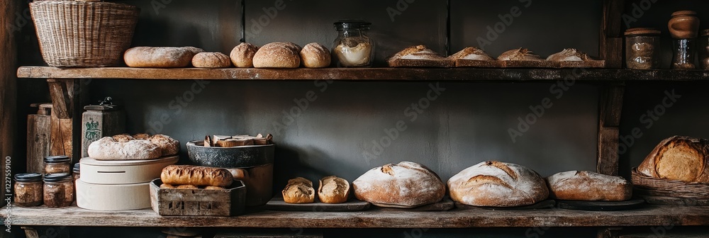 Rustic Bakery Bread Shelf Display - A rustic wooden shelf displays a variety of freshly baked artisan breads, creating a warm and inviting bakery scene.