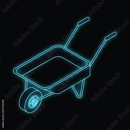 Neon wheelbarrow glowing on a black background, an illustration of a gardening tool