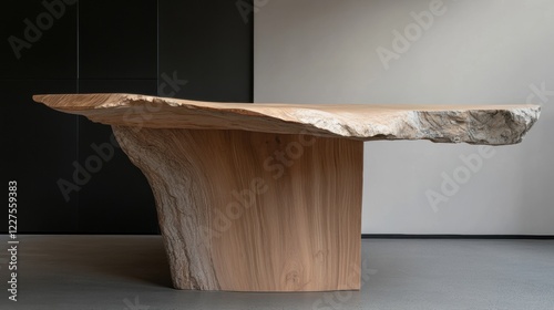 A stunning live-edge wooden dining table with a unique organic design, standing out with its striking natural grain and elegant, minimalist shape in a modern interior setting. photo