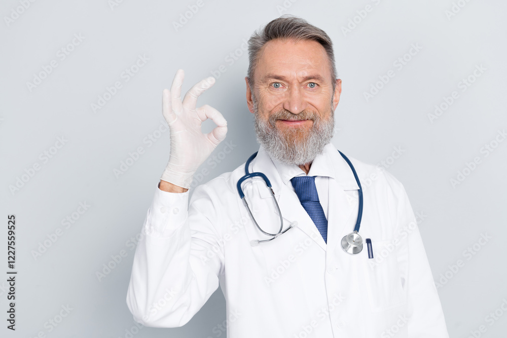 Senior male doctor showing approval gesture in medical uniform with grey background Senior male doctor showing approval gesture in medical uniform with grey background