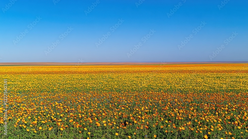 Fototapeta premium Vast Expanse of Blooming Marigolds Under a Clear Blue Sky