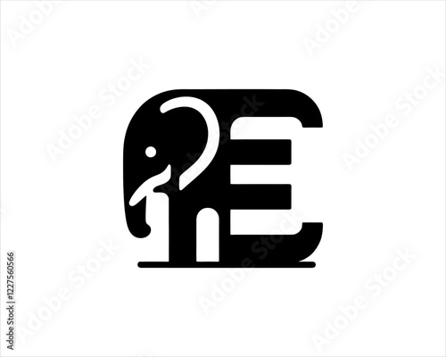 Letter E Elephant silhouette logo design icon vector illustration. Black color Elephant logo template