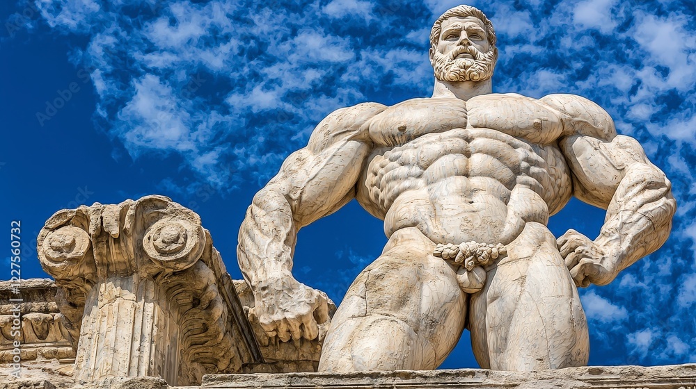 Obraz premium Powerful Ancient Statue Against Clear Blue Sky with Dramatic Clouds