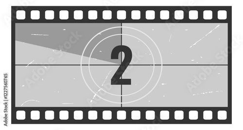 Vintage movie countdown filmstrip frame with number 2. Old movie timer counter in filmstrip. Retro cinema vector number count background with grunge texture