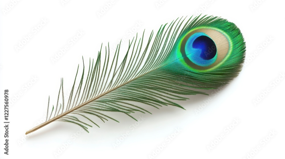 Obraz premium Elegant Peacock Feather Isolated on White Background with Vibrant Colors