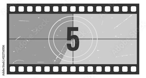 Vintage movie countdown filmstrip frame with number 5. Old movie timer counter in filmstrip. Retro cinema vector number count background with grunge texture