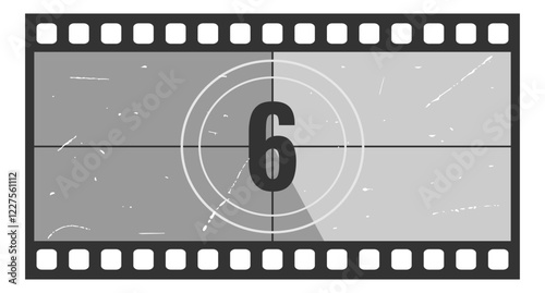 Vintage movie countdown filmstrip frame with number 6. Old movie timer counter in filmstrip. Retro cinema vector number count background with grunge texture