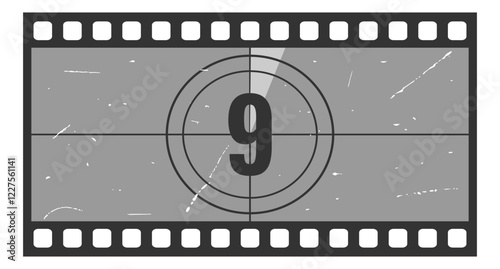 Vintage movie countdown filmstrip frame with number 9. Old movie timer counter in filmstrip. Retro cinema vector number count background with grunge texture