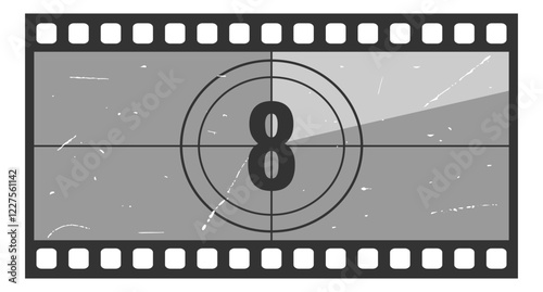 Vintage movie countdown filmstrip frame with number 8. Old movie timer counter in filmstrip. Retro cinema vector number count background with grunge texture