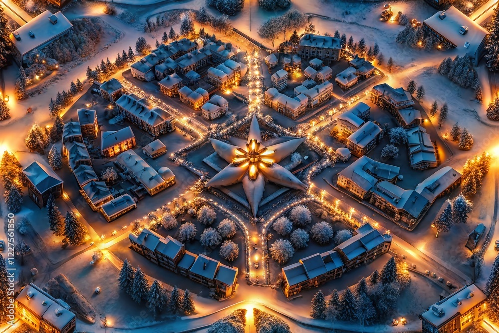 Obraz premium Aerial Christmas Lights Festive Winter Town Drone Photography Wallpaper