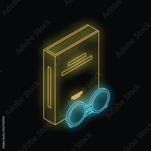 Glowing yellow book and blue round glasses forming an isometric icon on a black background