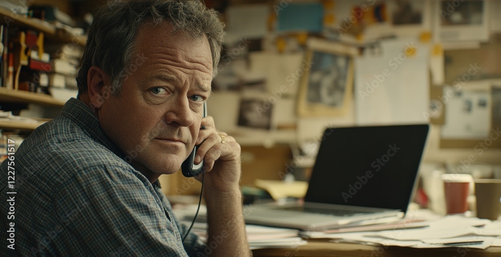 Serious Man on Phone Call in Messy Office Serious Man on Phone Call in Messy Office