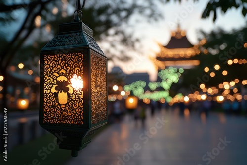 An elegant green lantern at dusk, adorned with intricate designs and soft illuminating lights, showcases an inviting atmosphere, perfect for evening gatherings and relaxation.