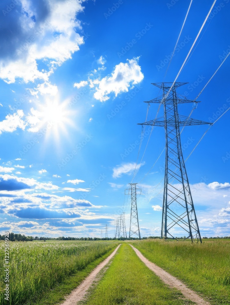 AI Enhanced Energy Grid: A Sustainable Path - Sunlight, green fields, power lines symbolize clean energy, progress, sustainability, nature, and technology. AI Enhanced Energy Grid: A Sustainable Path - Sunlight, green fields, power lines symbolize clean energy, progress, sustainability, nature, and technology.